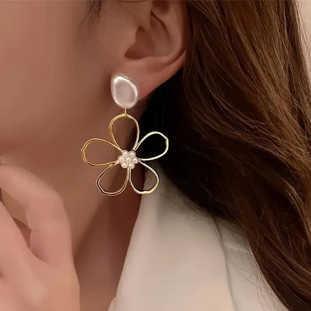 Gold Flower Pearl Drop Earrings | Statement Floral Earrings | Elegant Wedding