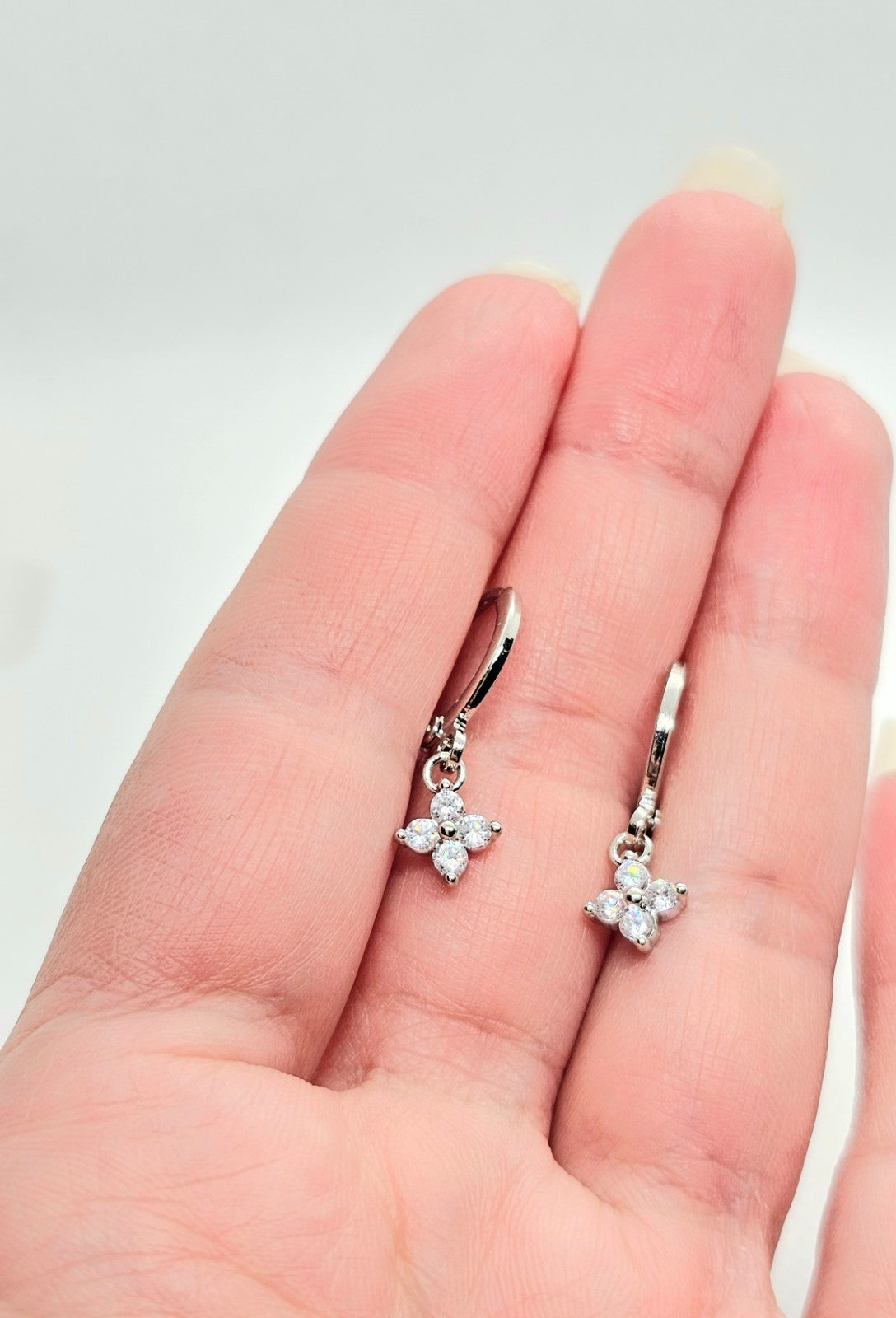 Silver Tone Flower Drop Hoop Earrings Crystal Dangle Floral Earrings Minimalist