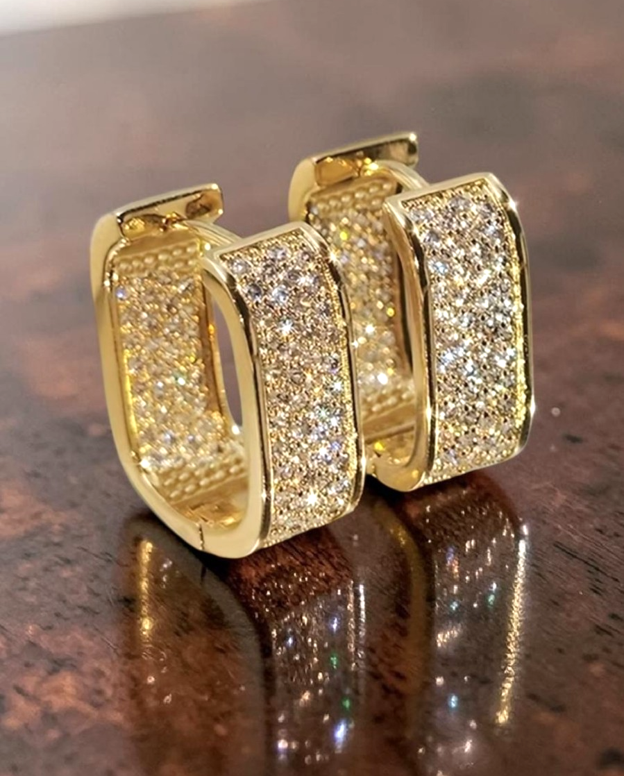 Gold U Shaped Hoop Earrings Sparkling Zirconia Rectangular Huggie Banquet Gift