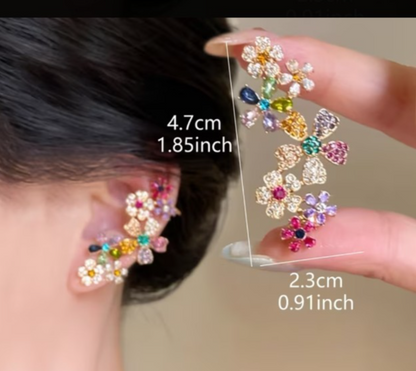 Colorful Crystal Flower Ear Cuff Earrings Full Ear Climber Clip On Statement Par
