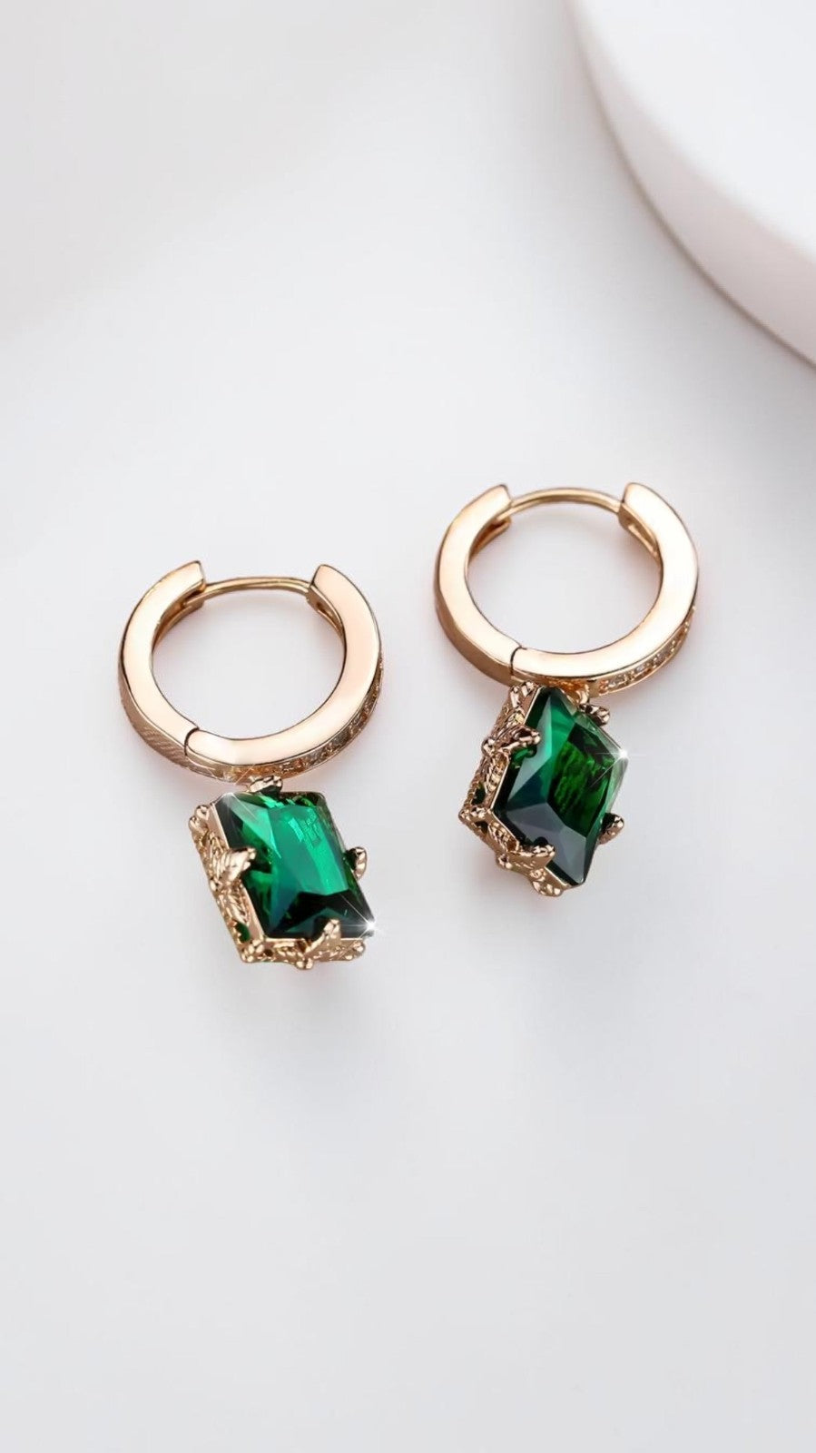 Gold Emerald Green Square Hoop Earrings CZ Pavé Huggie Cushion Drop Dangle UK