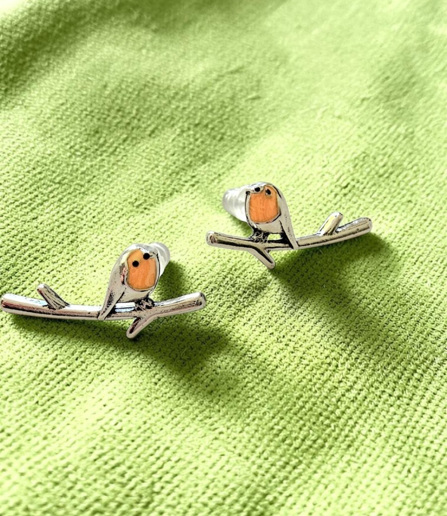 ​Silver Robin Bird Stud Earrings Redbreast Climber Ear Crawlers Cute Wildlife