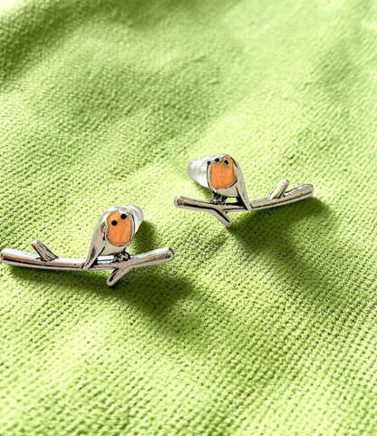 ​Silver Robin Bird Stud Earrings Redbreast Climber Ear Crawlers Cute Wildlife