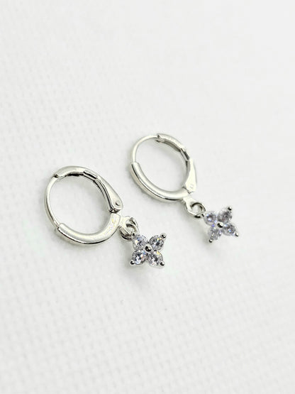 Silver Tone Flower Drop Hoop Earrings Crystal Dangle Floral Earrings Minimalist