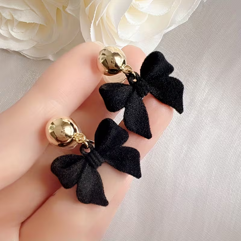 Black Velvet Bow Drop Earrings Gold Tone Statement Fashion Jewellery