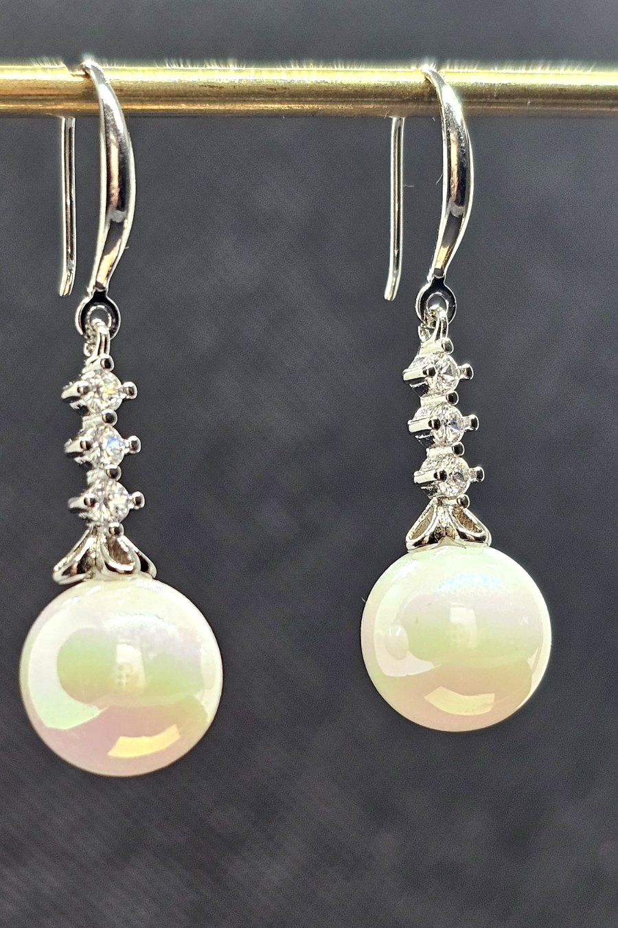 Silver Crystal Dangle White Pearl Drop Earrings Bridal Wedding Elegant Jewelry