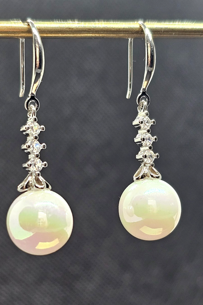 Silver Crystal Dangle White Pearl Drop Earrings Bridal Wedding Elegant Jewelry