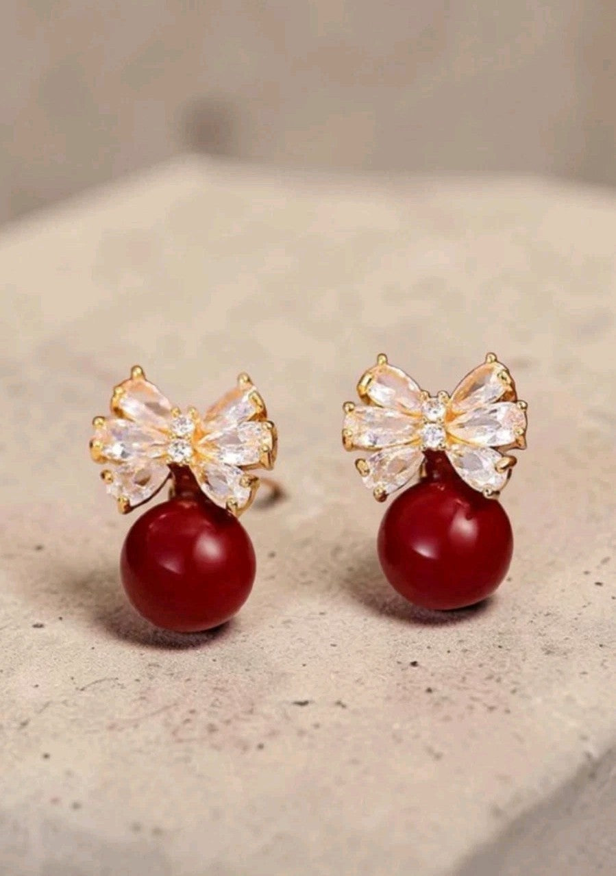 Gold Red Pearl Bow Drop Earrings Crystal Marquise Rhinestone Ribbon Studs Gift