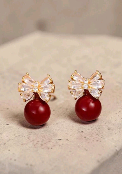 Gold Red Pearl Bow Drop Earrings Crystal Marquise Rhinestone Ribbon Studs Gift