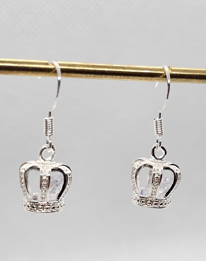 Silver Crown Drop Earrings • Sparkly Gemstone • Princess Style • Gift for Her