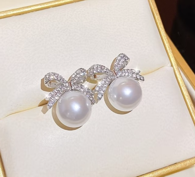Silver Bow Pearl Earrings Rhinestone Crystal Ribbon Studs Wedding Bridal Gift