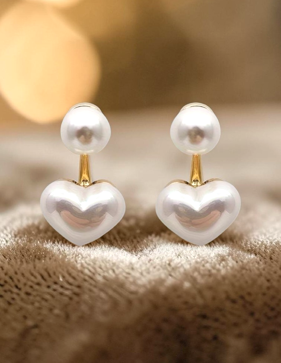 2-in-1 Faux Pearl Heart Ear Jacket Stud Earrings Gold Tone Retro Classic Gift