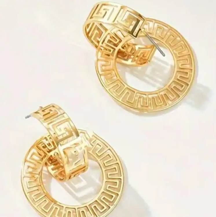 ​Gold Greek Key Earrings Geometric Circular Hoop Drop Dangle Cutout Statement