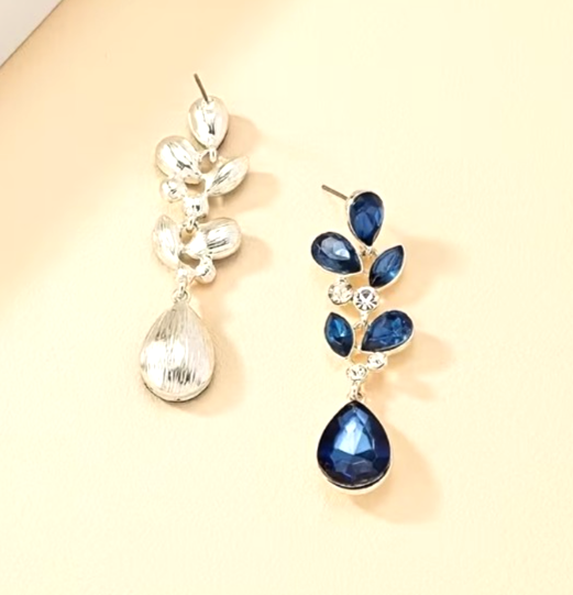 Silver Leaf Teardrop Earrings Blue Marquise Gem Cluster Statement Prom Dangle UK