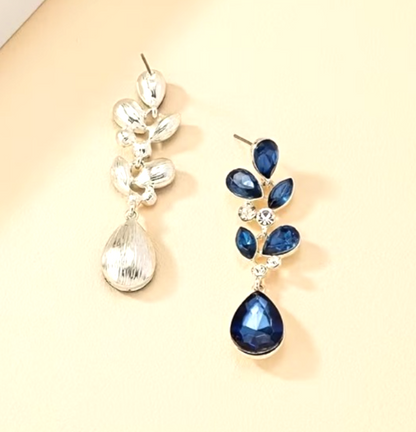Silver Leaf Teardrop Earrings Blue Marquise Gem Cluster Statement Prom Dangle UK