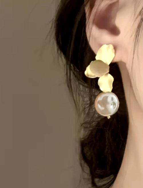 ​Gold Petal Drop Earrings Baroque Imitation Pearl Flower Dangle Vintage French