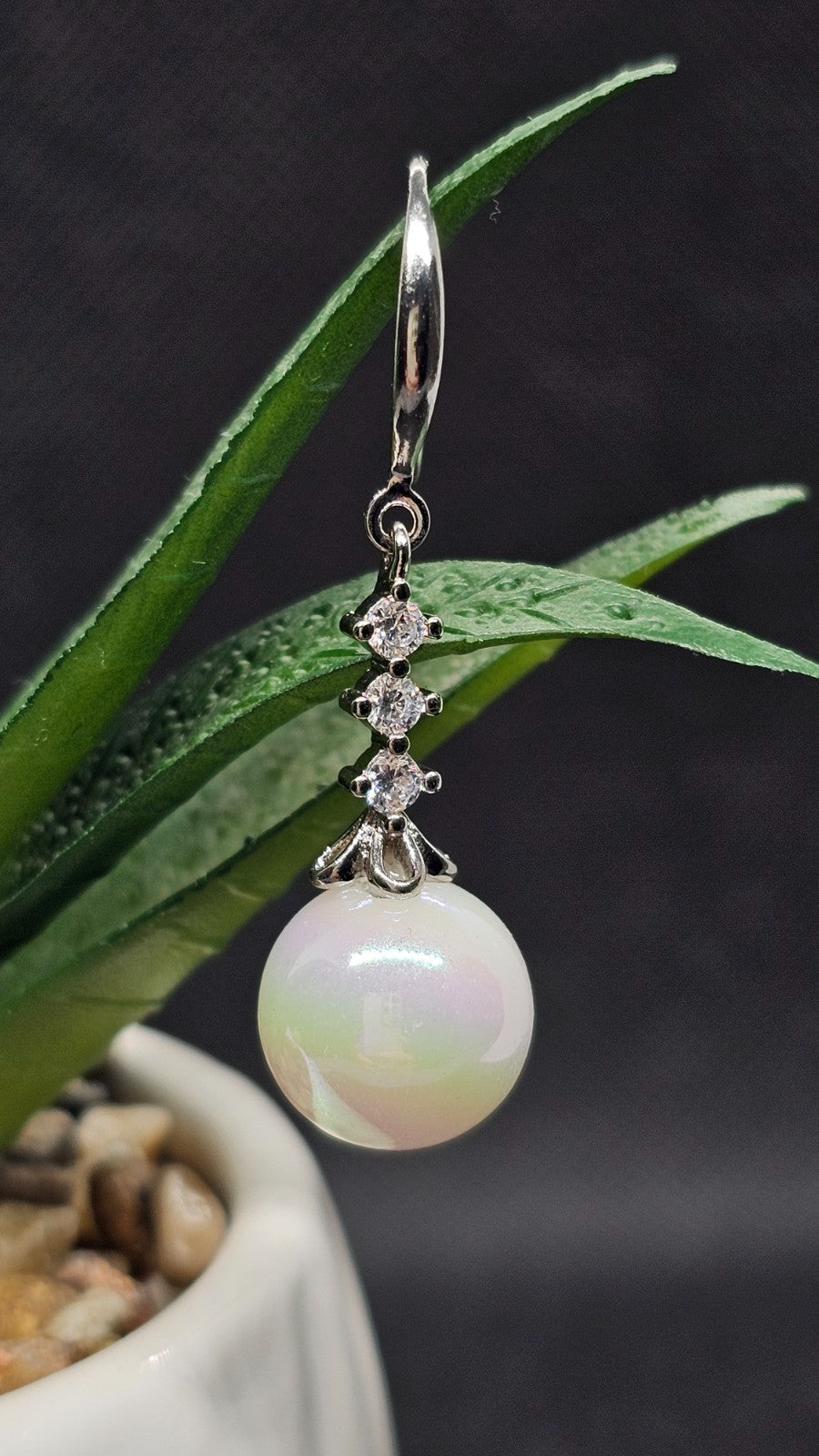 Silver Crystal Dangle White Pearl Drop Earrings Bridal Wedding Elegant Jewelry