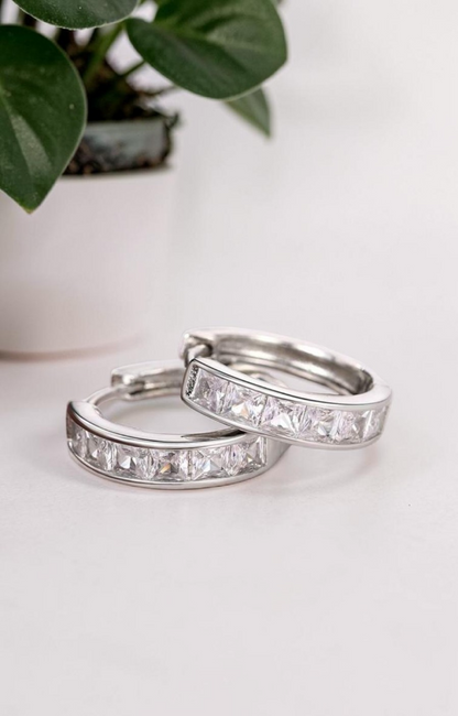 Silver CZ Huggie Hoop Earrings Princess Cut Cubic Zirconia Channel Set Hoops 1.8