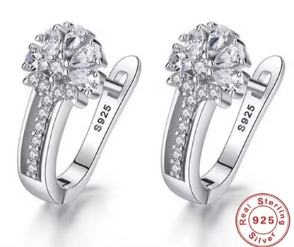 925 Sterling Silver Flower Hoop Earrings Cubic Zirconia Floral Dangle CZ Lever