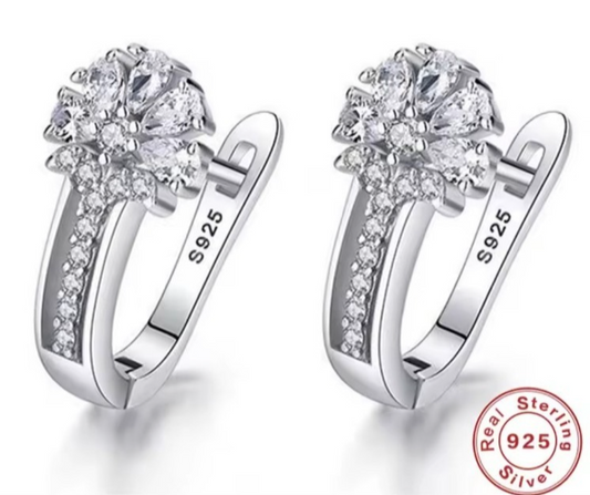 925 Sterling Silver Flower Hoop Earrings Cubic Zirconia Floral Dangle CZ Lever