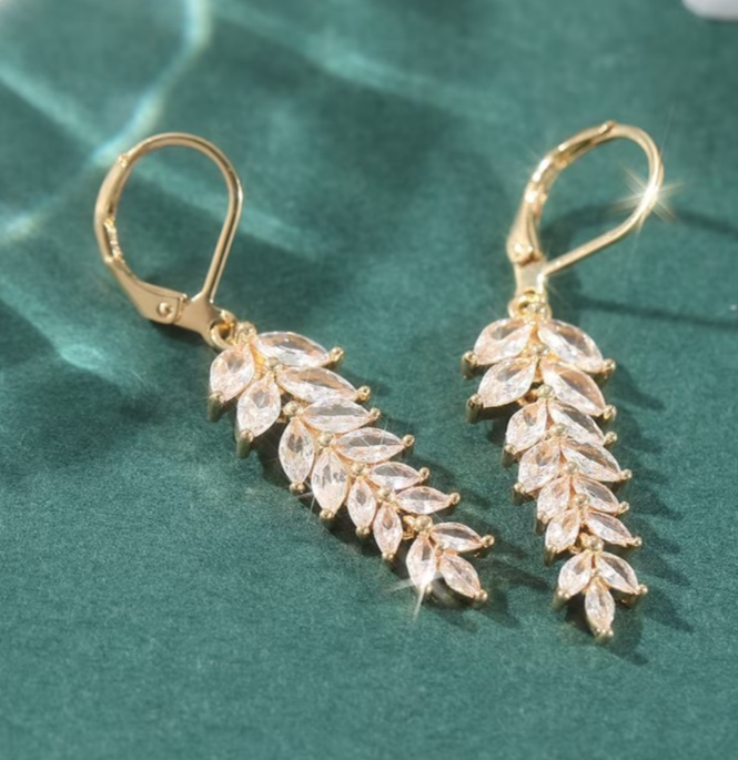 Gold Leaf Dangle Earrings Cubic Zirconia Marquise Drop Bridal Wedding Jewelry
