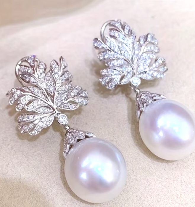 Fan Leaf Drop Earrings Imitation Pearl CZ Micro Pave Silver Tone Women Gift Brid