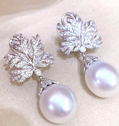 Fan Leaf Drop Earrings Imitation Pearl CZ Micro Pave Silver Tone Women Gift Brid