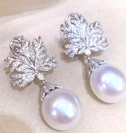 Fan Leaf Drop Earrings Imitation Pearl CZ Micro Pave Silver Tone Women Gift Brid