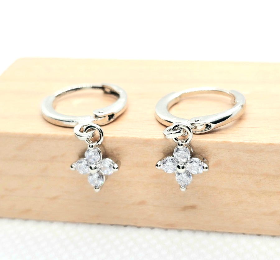 Silver Tone Flower Drop Hoop Earrings Crystal Dangle Floral Earrings Minimalist