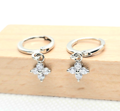 Silver Tone Flower Drop Hoop Earrings Crystal Dangle Floral Earrings Minimalist