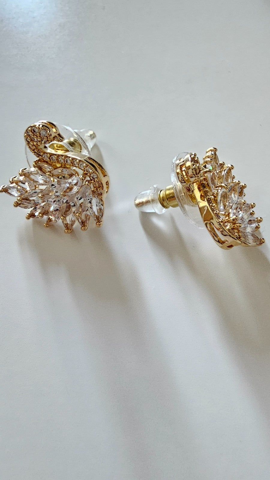 Sparkly Gold Tone Swan Crystal Stud Earrings Elegant Statement Bridal Gift