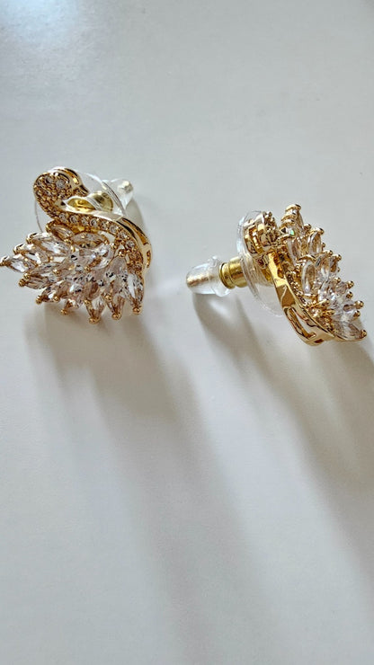 Sparkly Gold Tone Swan Crystal Stud Earrings Elegant Statement Bridal Gift