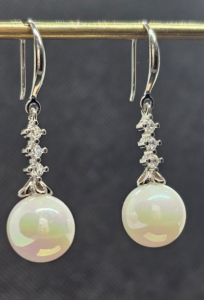 Silver Crystal White Pearl Drop Earrings Dangle Bridal Wedding Elegant Jewelry
