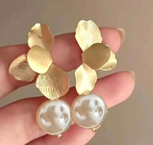 ​Gold Petal Drop Earrings Baroque Imitation Pearl Flower Dangle Vintage French