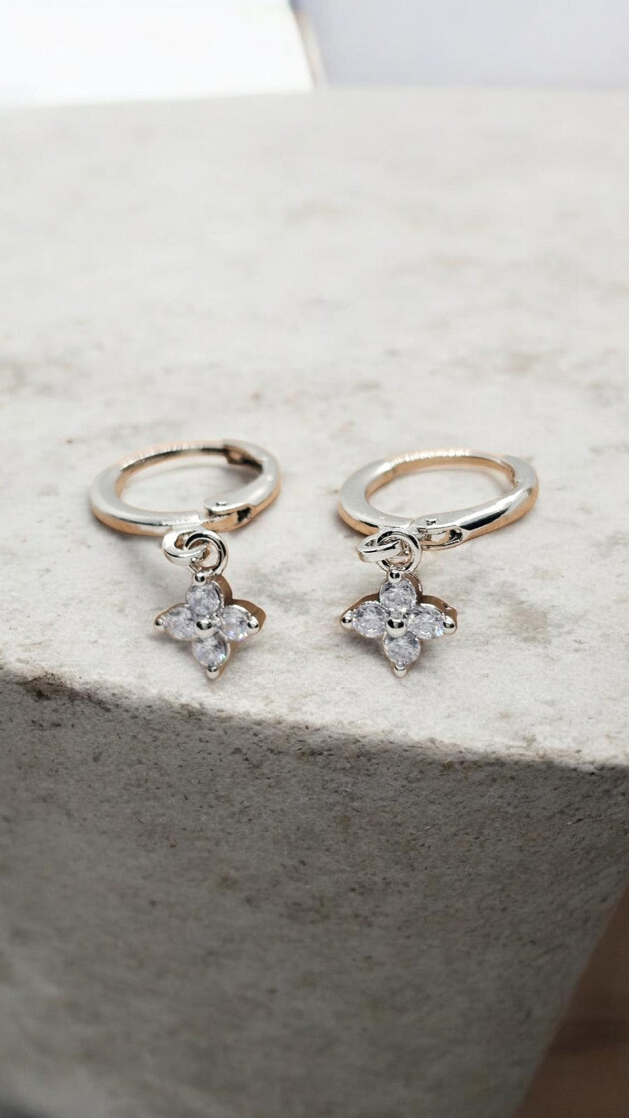 Silver Tone Flower Drop Hoop Earrings Crystal Dangle Floral Earrings Minimalist