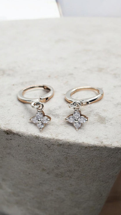 Silver Tone Flower Drop Hoop Earrings Crystal Dangle Floral Earrings Minimalist