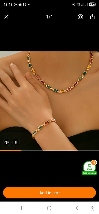 2Pcs Geometric Square Necklace Bracelet Set Colorful Rhinestone Summer Jewelry