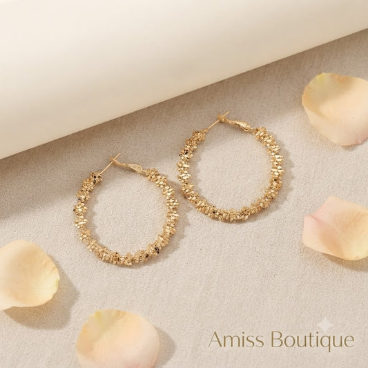 Gold Textured Hoop Earrings Chunky Statement Beaded Circle Jewellery