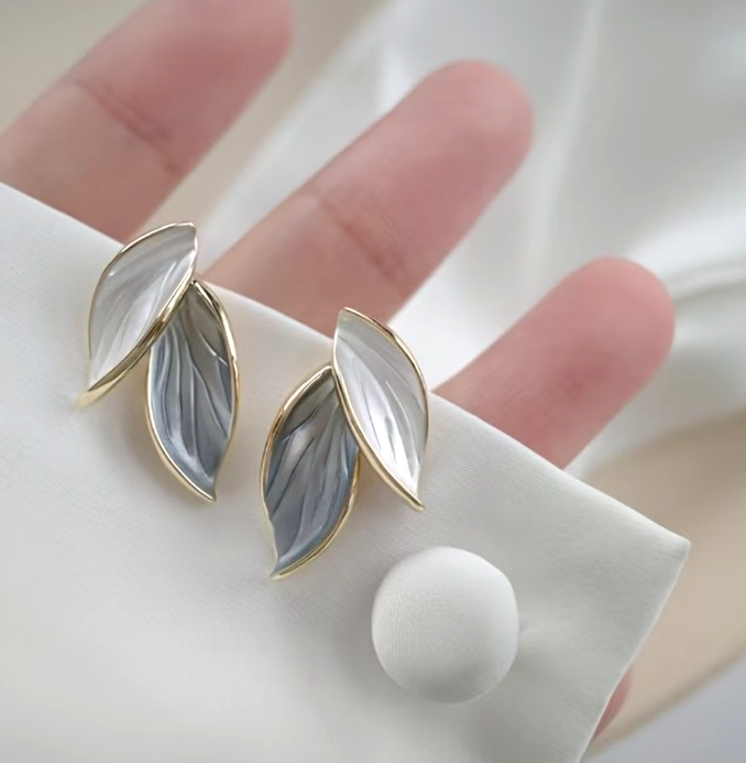 ​Gold Enamel Leaf Earrings Minimalist Contrasting Grey White Plant Studs Gift