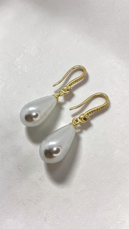 ​Gold Pearl Drop Earrings Teardrop Dangle Bridal Wedding Cream Faux Pearl Hooks