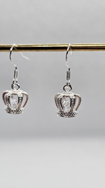 Silver Crown Drop Earrings • Sparkly Gemstone • Princess Style • Gift for Her