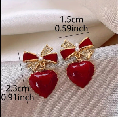 Romantic Red Heart Drop Earrings Gold Tone Bow Crystal Dangle Earrings Cute Gift