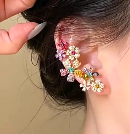 Colorful Crystal Flower Ear Cuff Earrings Full Ear Climber Clip On Statement Par