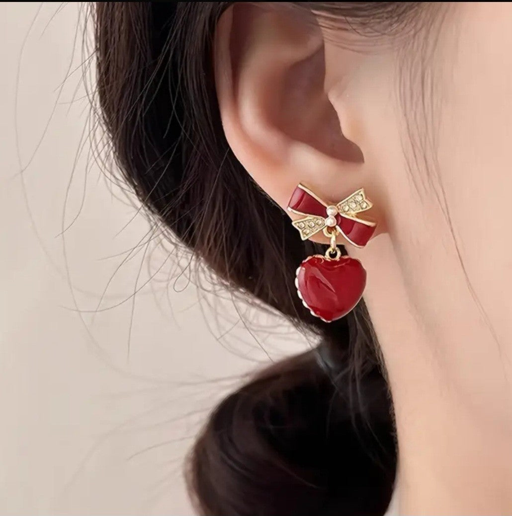 Romantic Red Heart Drop Earrings Gold Tone Bow Crystal Dangle Earrings Cute Gift