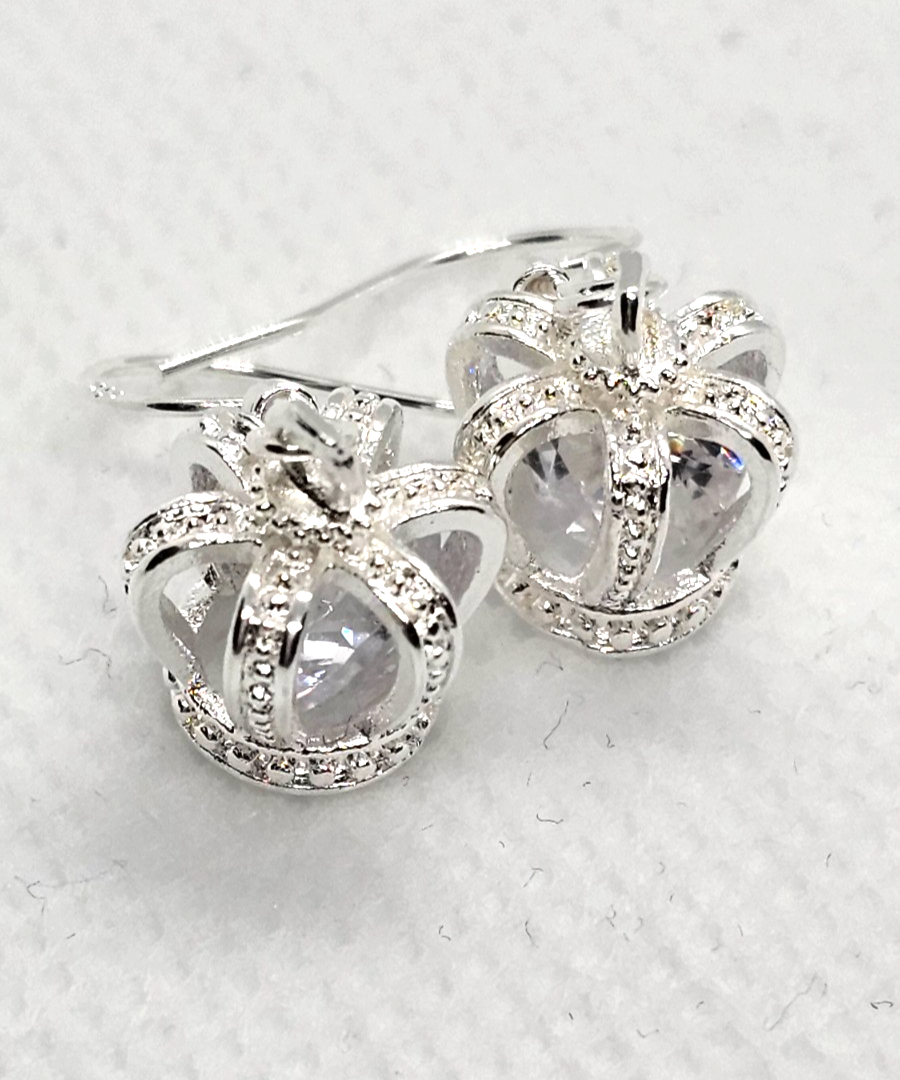 Silver Crown Drop Earrings • Sparkly Gemstone • Princess Style • Gift for Her