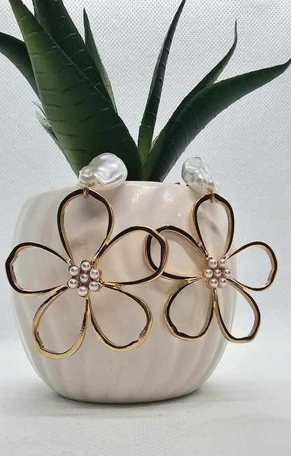 Gold Flower Pearl Drop Earrings | Statement Floral Earrings | Elegant Wedding