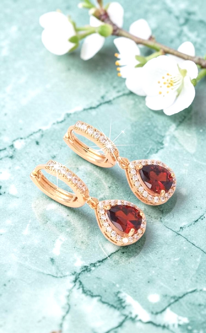 Gold Plated Drop Earrings Red Crystal Halo Pear CZ Dangle Huggie Women Gift