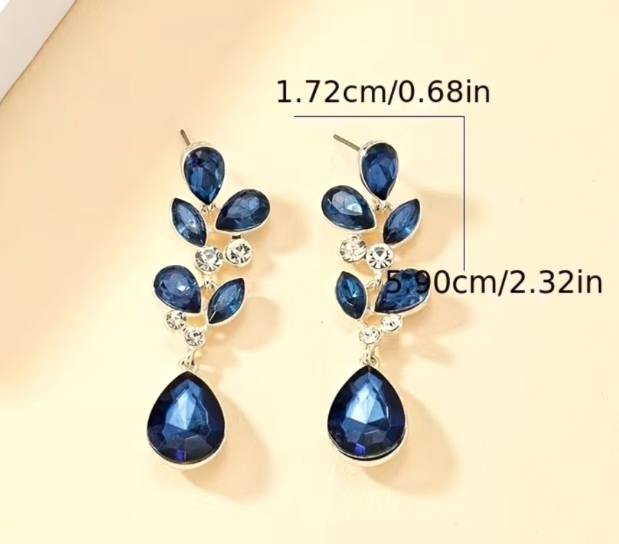 Silver Leaf Teardrop Earrings Blue Marquise Gem Cluster Statement Prom Dangle UK