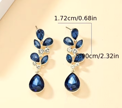 Silver Leaf Teardrop Earrings Blue Marquise Gem Cluster Statement Prom Dangle UK