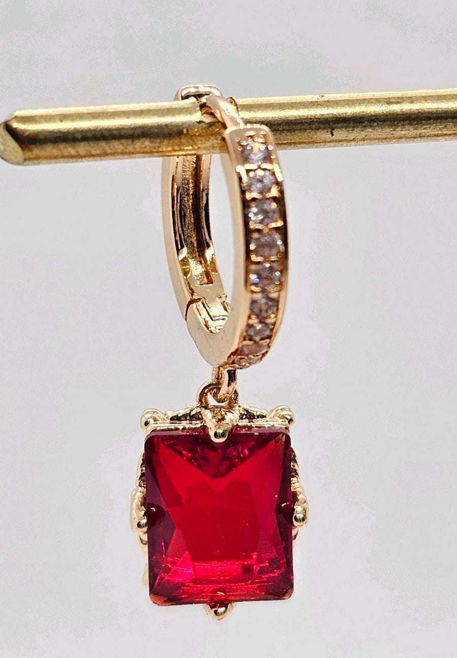 Gold Red Rectangle Hoop Earrings CZ Pavé Huggie Cushion Drop Dangle UK